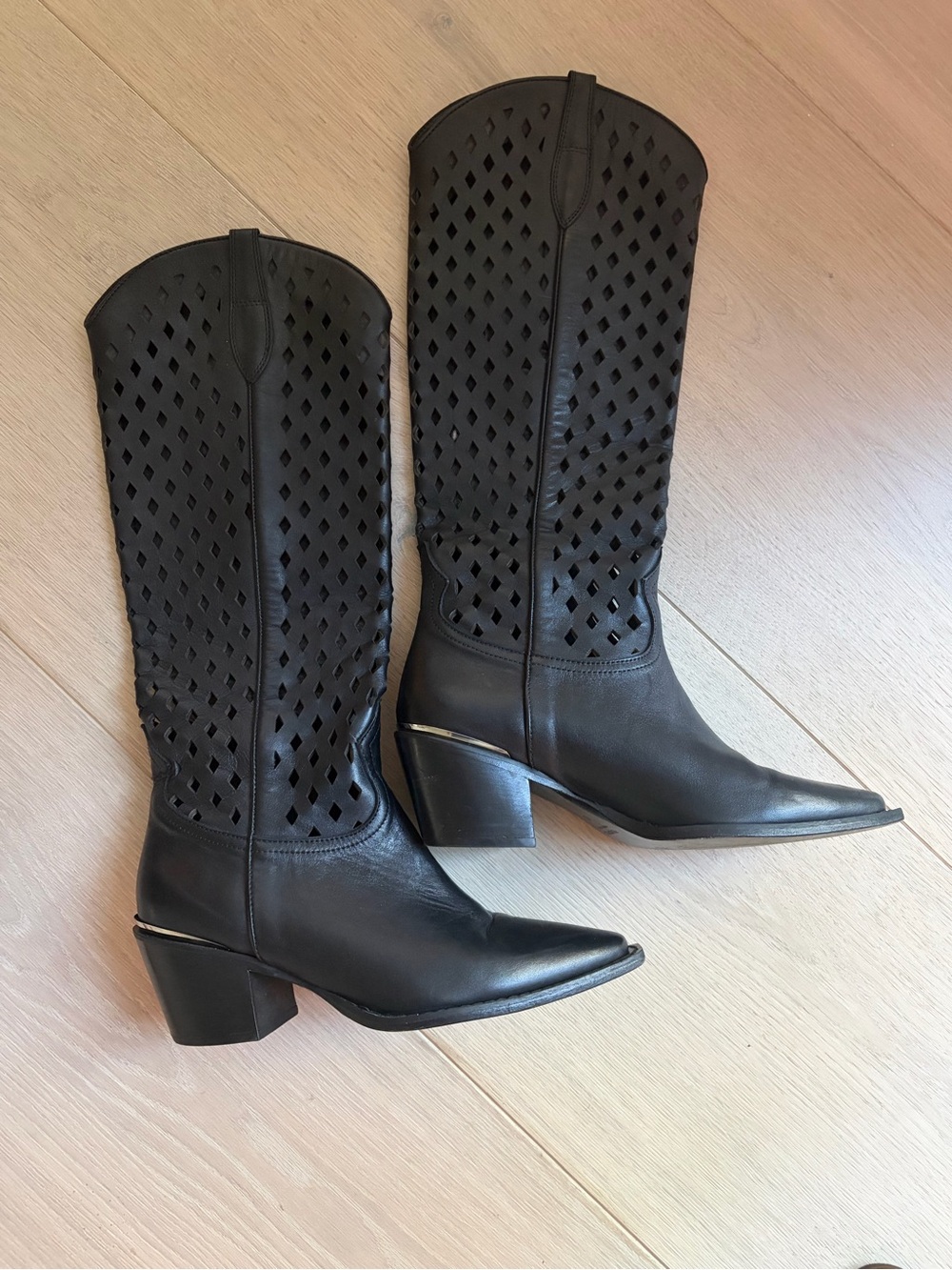 Free People Black Perforated Pointed-Toe Mid-Calf Heeled Boots